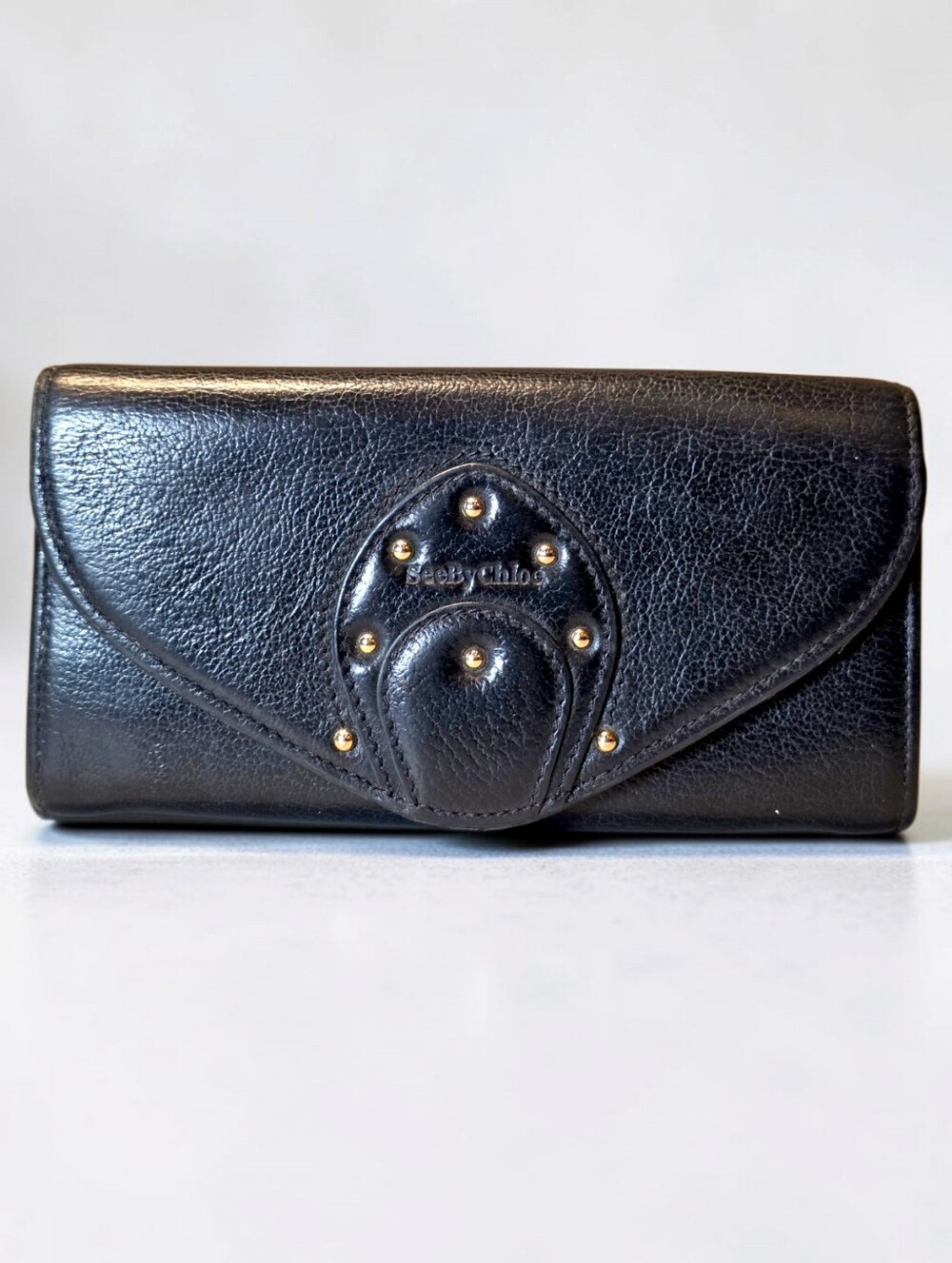 See By Chloe Black Leather Wallet with Gold Stud Accents